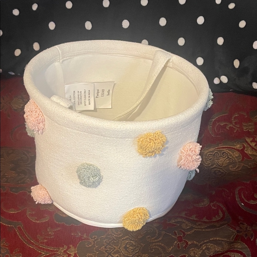 Cream Basket with Colorful Pom Poms